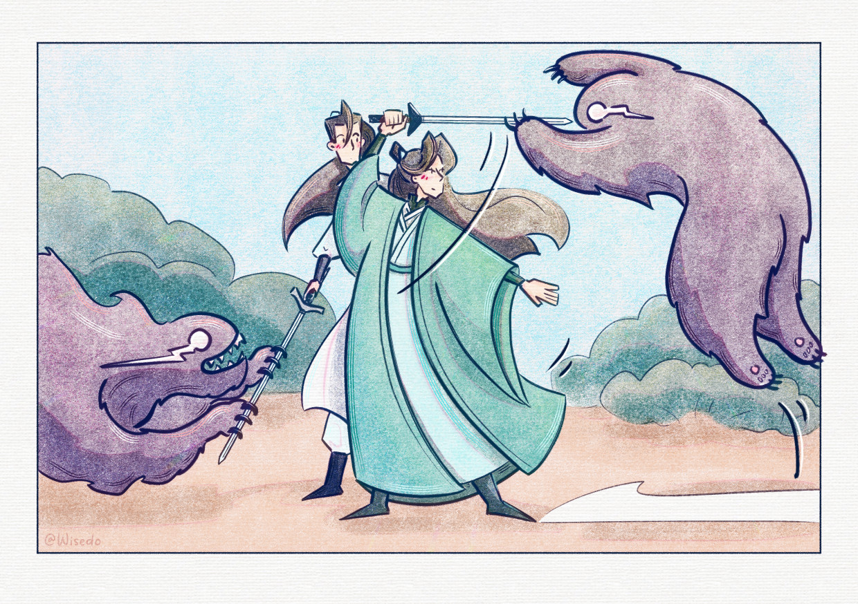 Shen Yuan and Liu Qingge fighting monsters together